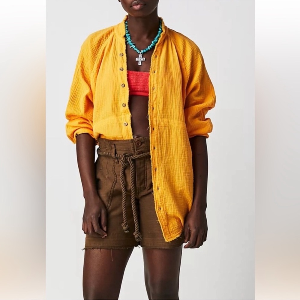 Free People Summer Daydream Oversized Button Down Shirt Yellow Womens Small
